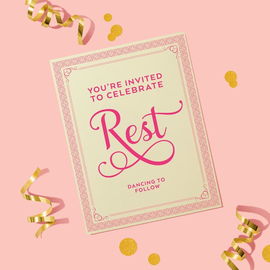 Pink invitation card that reads You're invited to celebrate